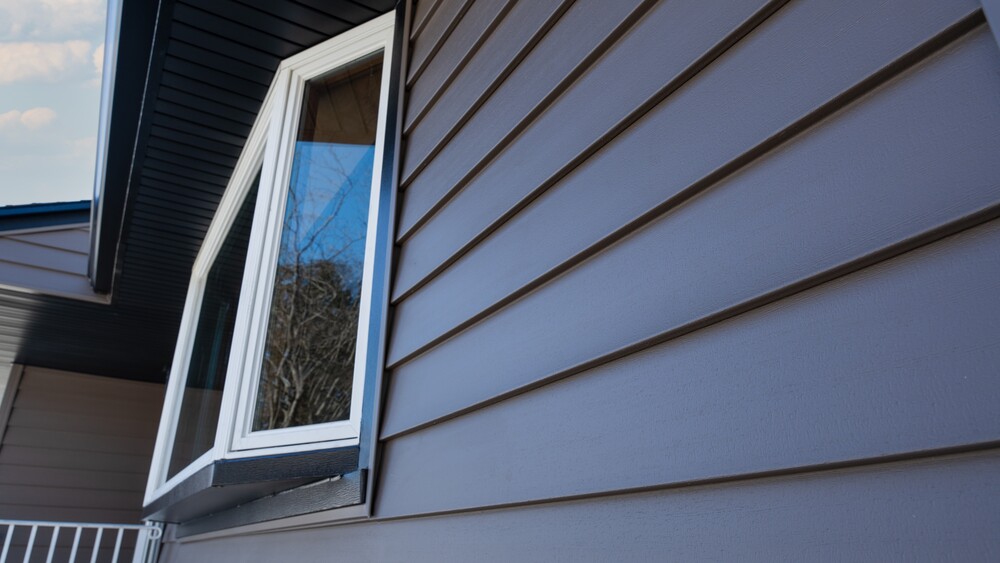 Home with blue vinyl siding and windows