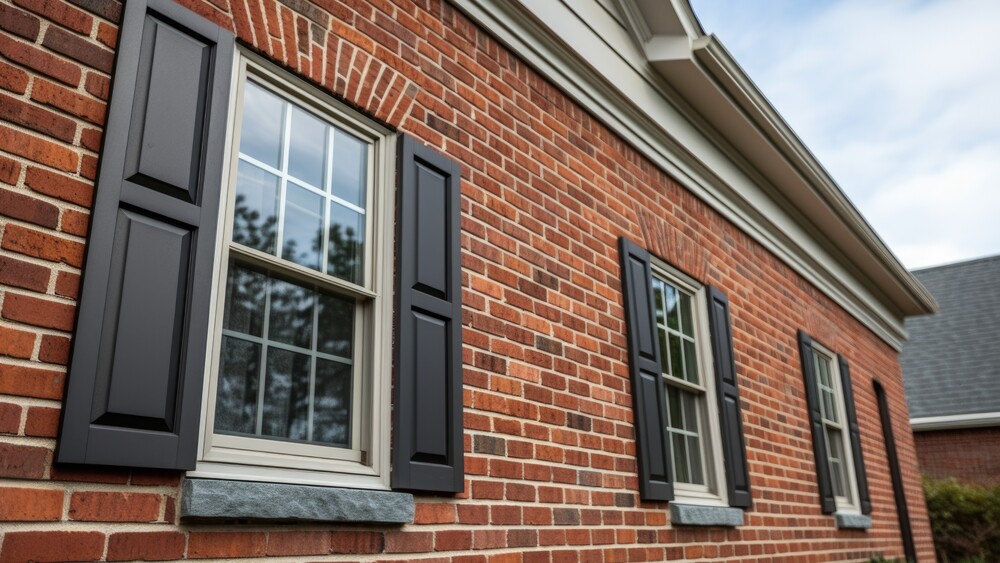Side view of home with gorgeous white framed replacement windows and black shutters