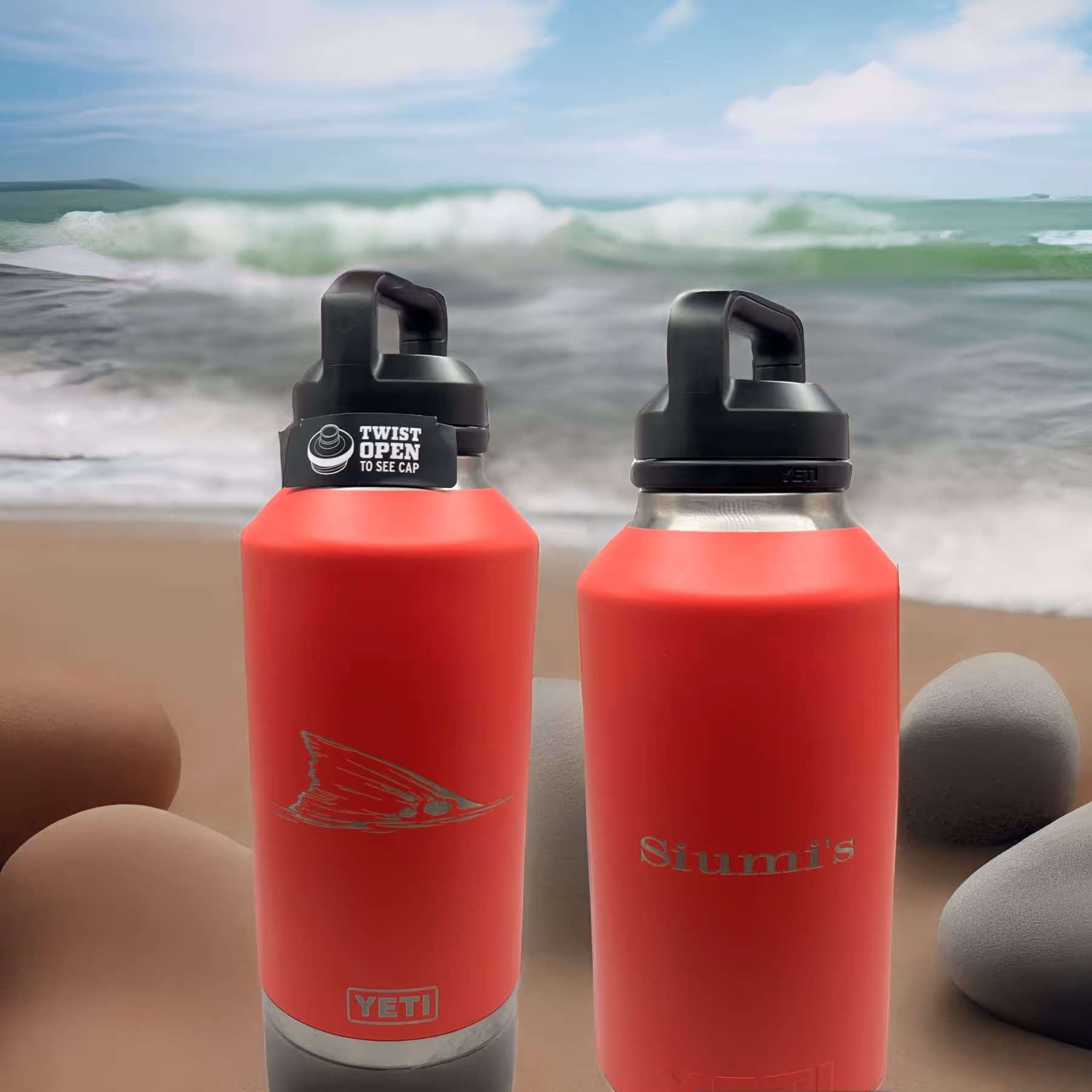 A red and black VETI water bottle with a bird on it. Laser engraved miami fort lauderdale