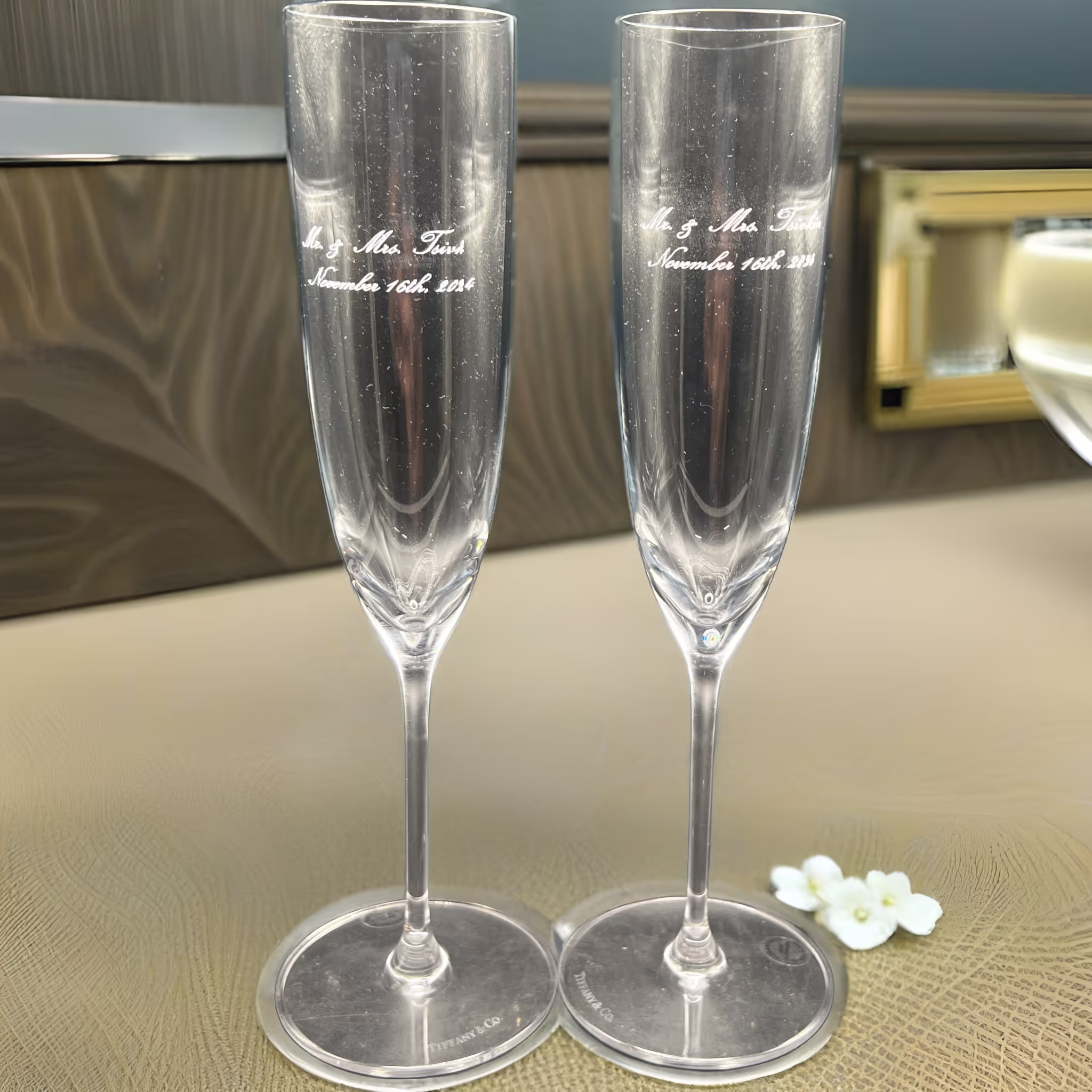 Laser-engraved-tifanny-wedding-champagne-glasses miami fort lauderdale