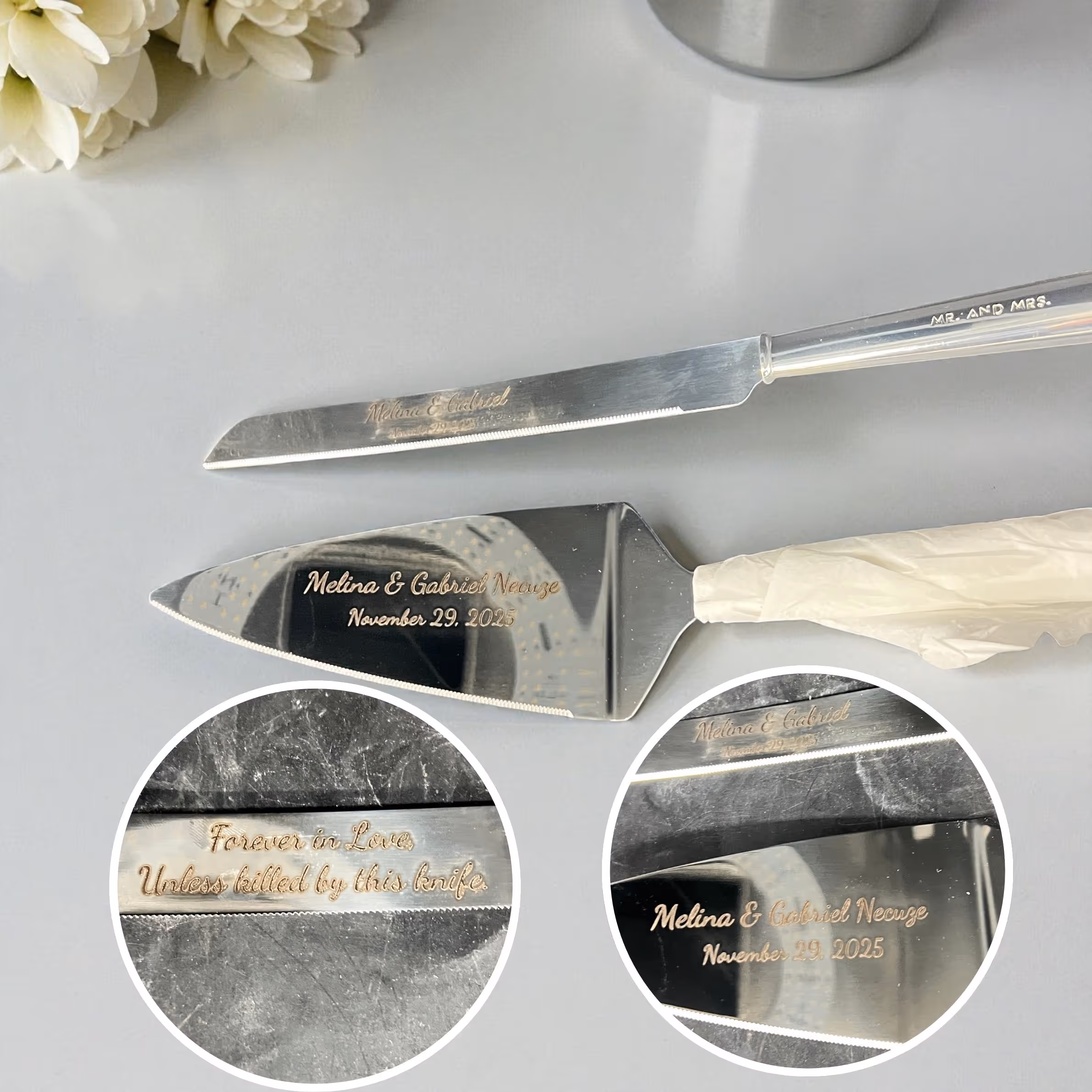 Laser Engraved Silver Wedding Cake Serving Set_Gift Miami Fort Lauderdale