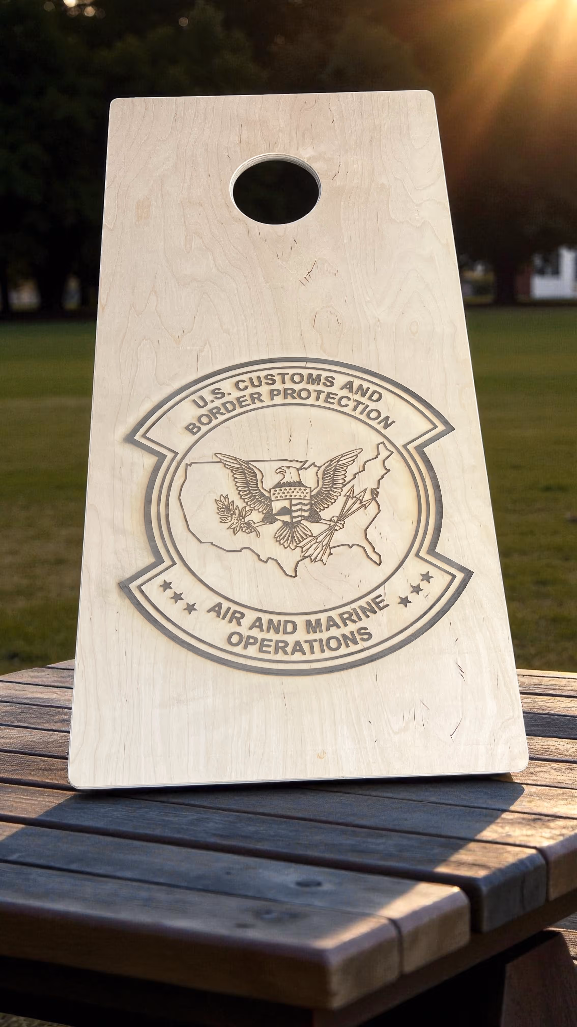 Laser Engraved Cornhole Board with US Customs and Boarder Protection Logo Miami Fort Lauderdale