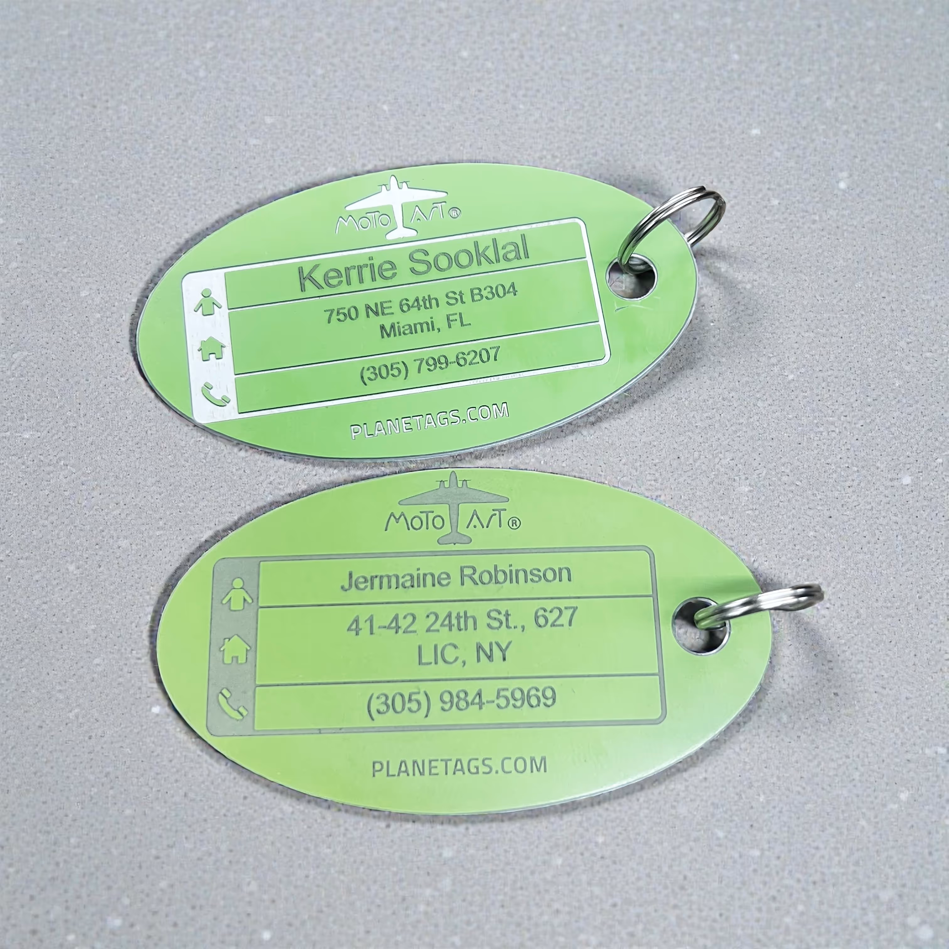 Laser Engraved Pair of  Light green Oval Luggage Tags Miami Fort Lauderdale