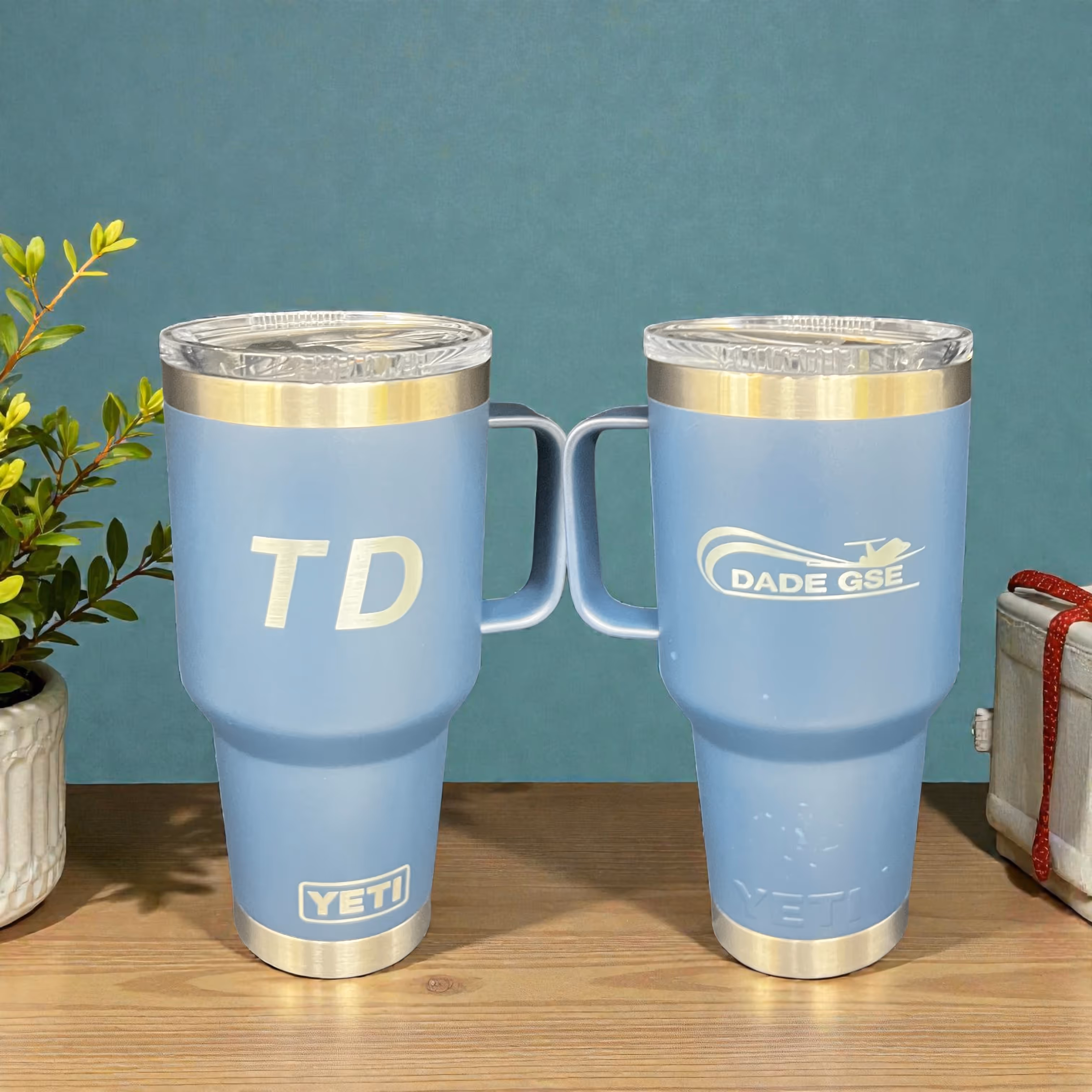 Laser Engraved Light Blue Yeti Tumblers with Handles Back&Front Maimi Fort Lauderdale