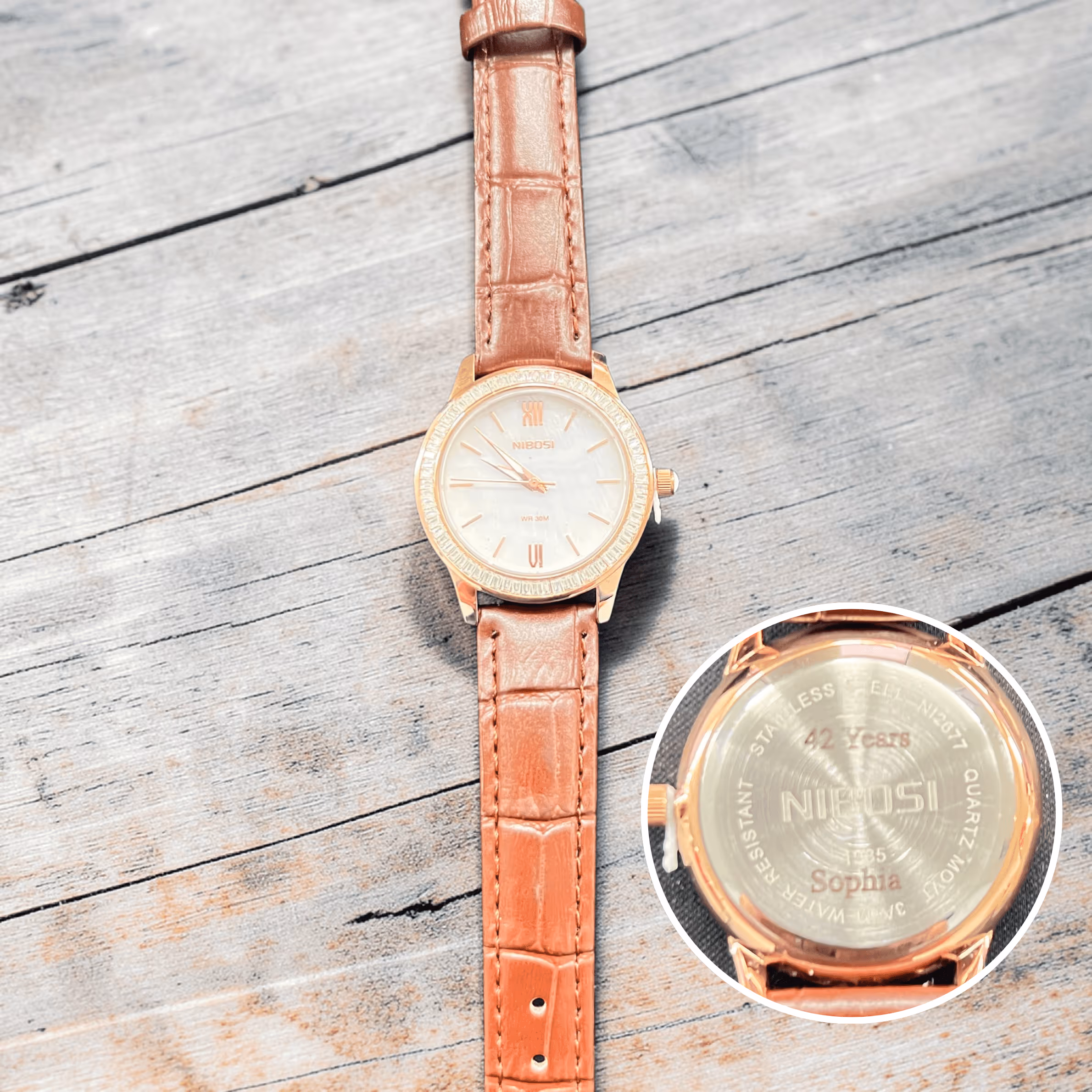 Laser Engraved Name in the Back of a Brown Leather Watch_Gift Miami Fort Lauderdale