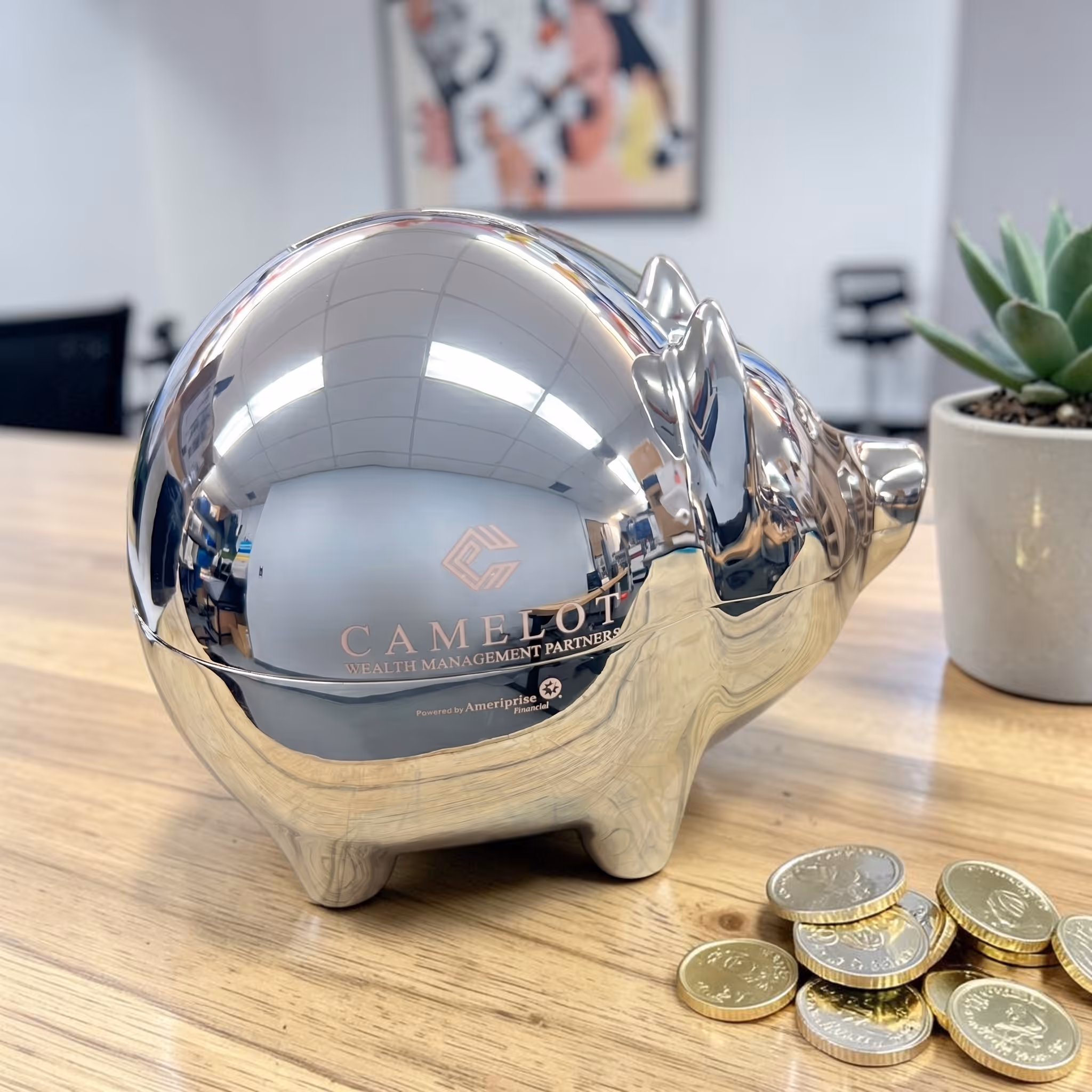 Laser Engraved Corporate Brand in a Silver Piggy Bank _ Gift Miami Fort Lauderdale