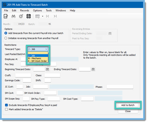 Screenshot of PR Add Trans to Timecard Batch in Vista