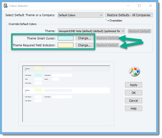 Change color of Theme Smart Cursor and Theme Required Field Indicator; Restore Default buttons