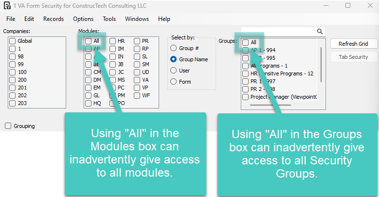 Form Security Screenshot highlighting Module and Group-Employee selections