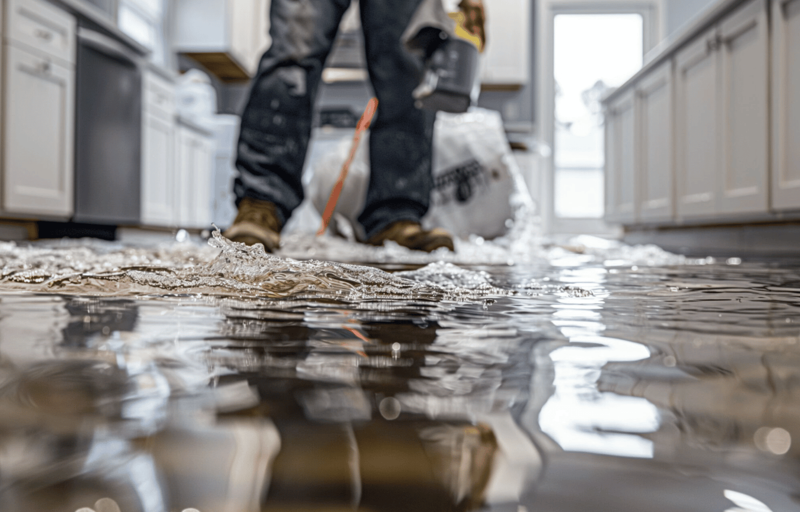 A flooded room with water covering the floor, scattered debris, and a stationary exercise bike. Shelves are filled with various items, and water damage restoration is needed in Calgary, Alberta