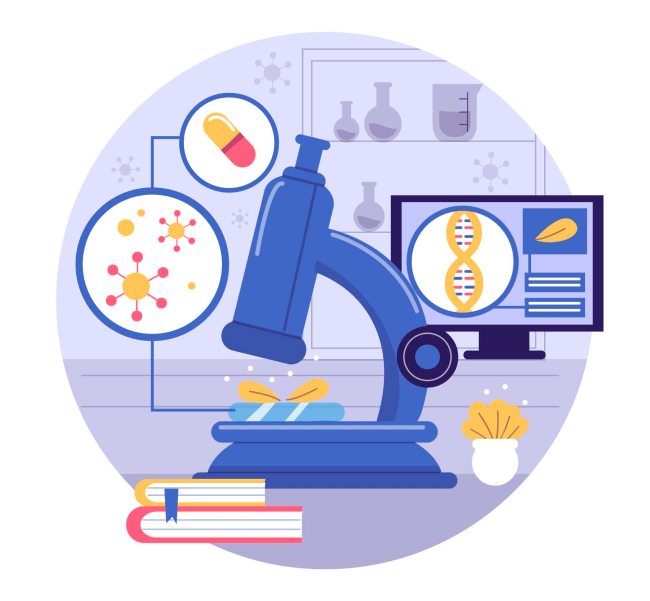 A microscope and some books on a table.