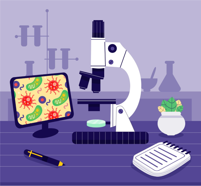 A microscope, microscope, cell phone, and other items in front of a microscope.