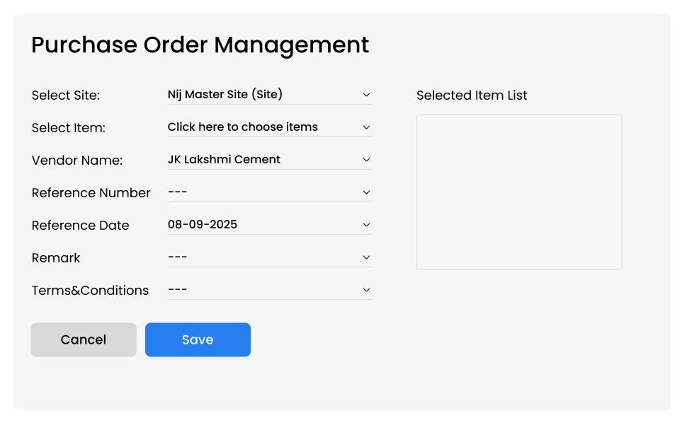 A screenshot of a purchase order form.