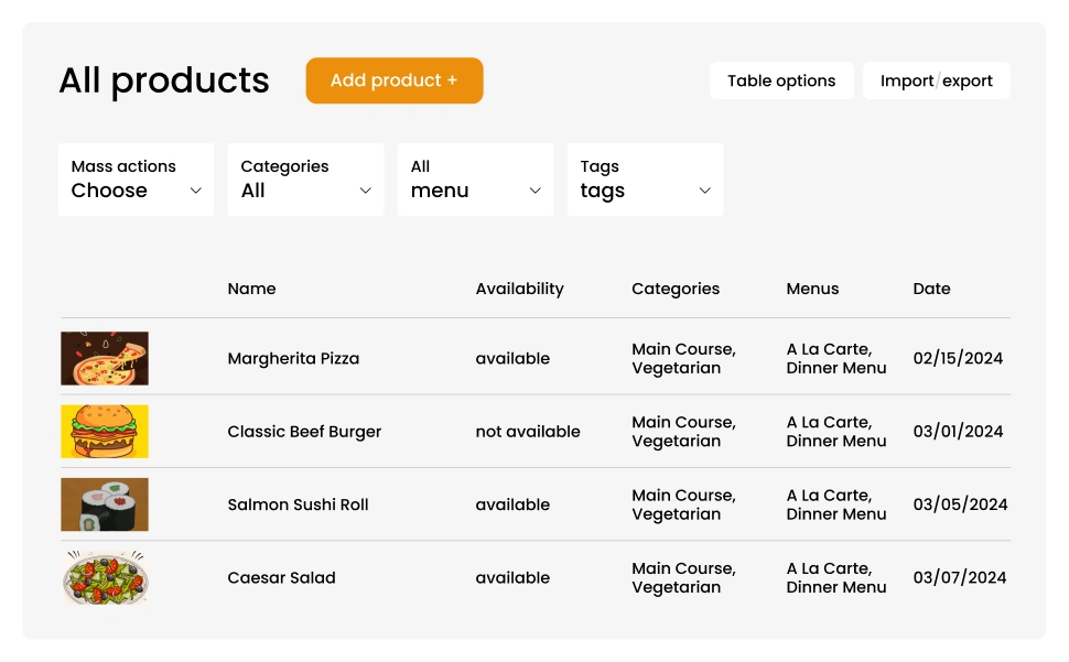 A screenshot of a menu listing page.