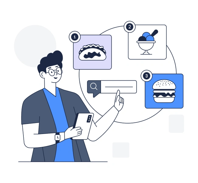 A man holding a tablet and pointing at a hamburger.