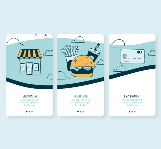 A set of three cards with a picture of a hamburger, fries, and a.