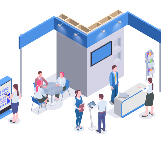 A group of people standing around a room.