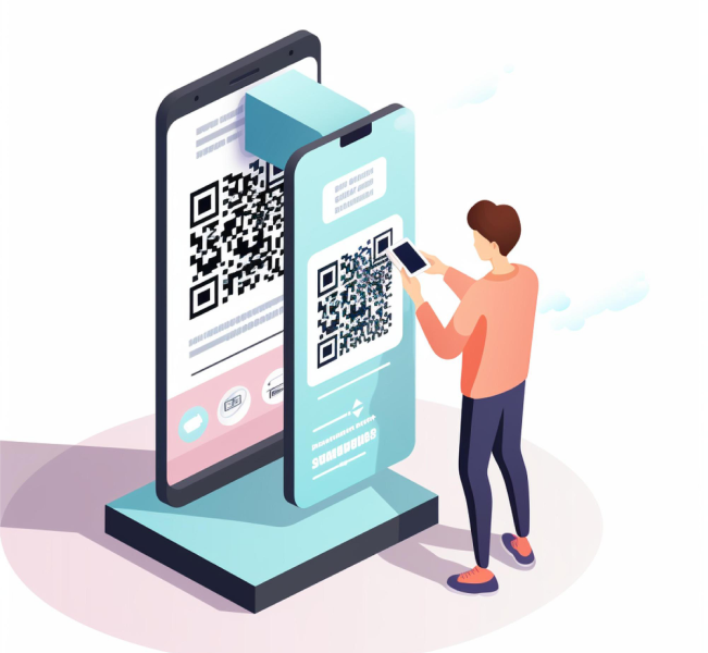 A man looking at a qr code on a phone.