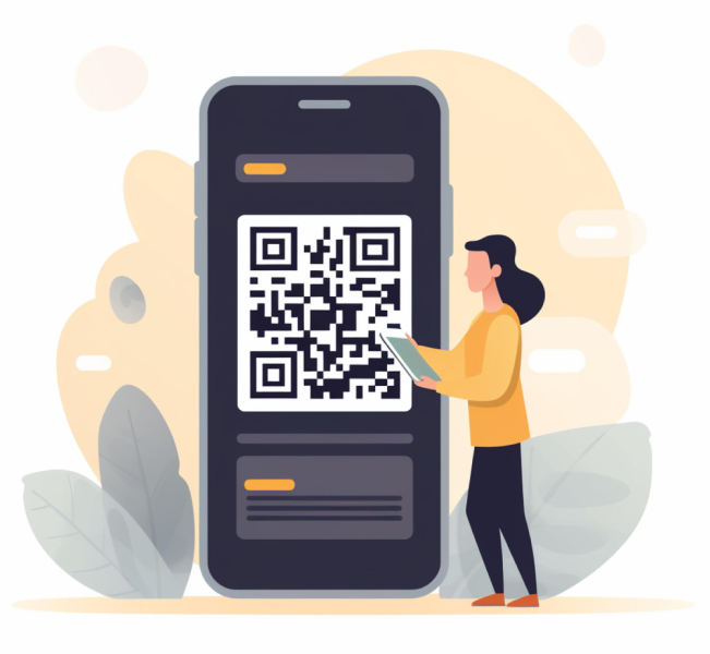 A person standing next to a phone with a qr code on it.