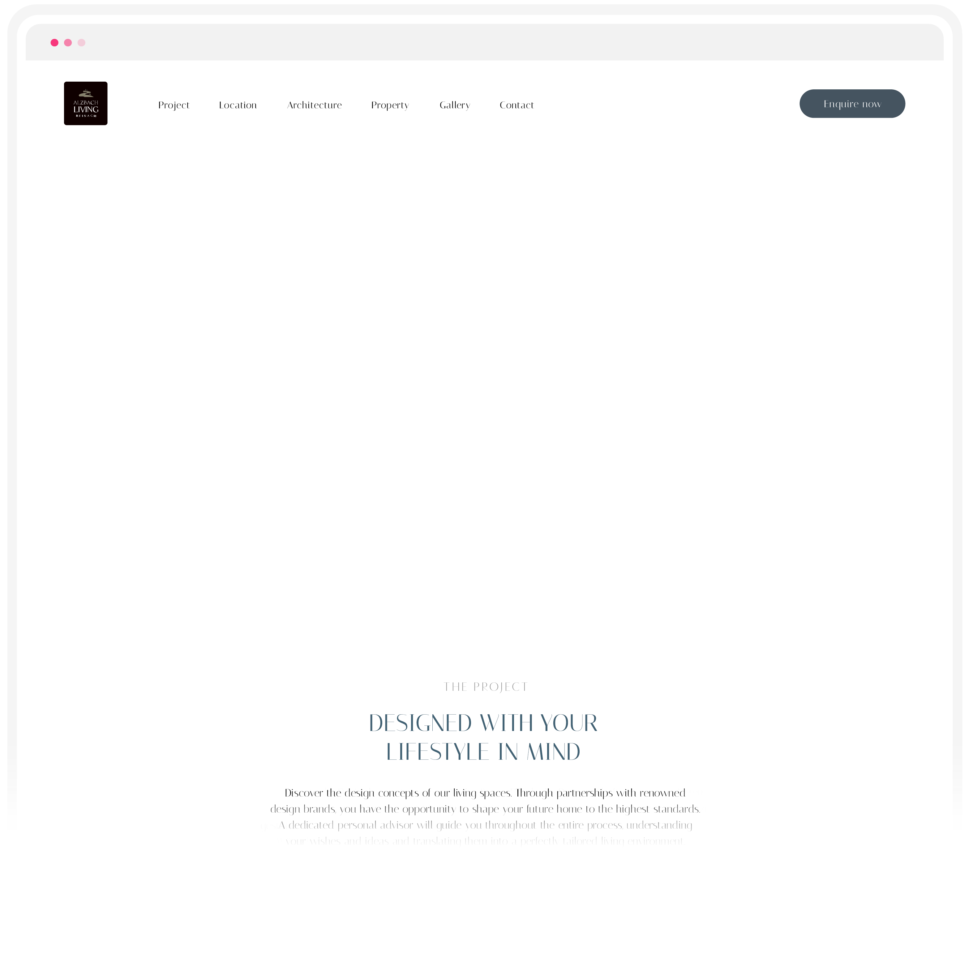 Webseite mit Menü für Projekt, Standort, Architektur, Immobilie, Galerie und Kontakt sowie Schaltfläche 'Jetzt anfragen'. Text: 'Das Projekt – Entworfen mit Ihrem Lebensstil im Blick.'