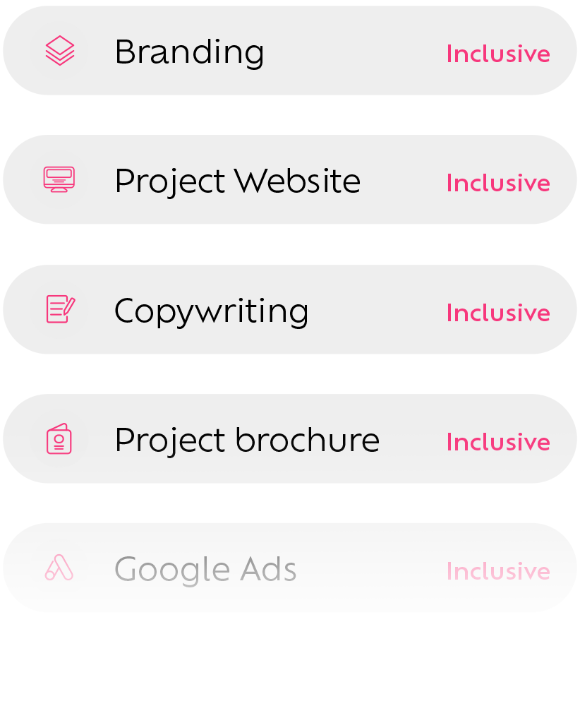 Liste der Dienstleistungen mit Symbolen: Branding, Projektwebsite, Textverfassung, Projektbroschüre und Google Ads, alle mit dem Vermerk 'Inklusive' in Pink.