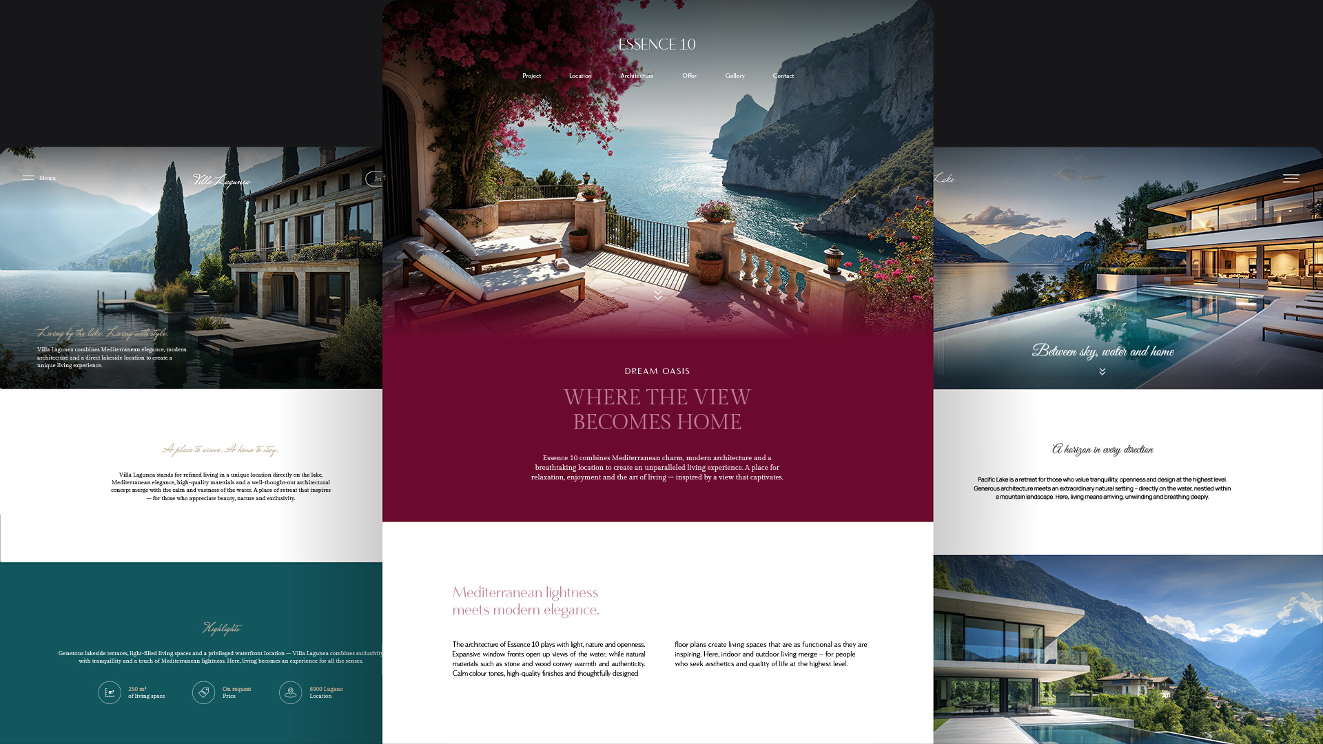 Luxuriöse Terrassen mit Liegestühlen und Blick auf das blaue Meer und Felsen in mediterraner Umgebung.