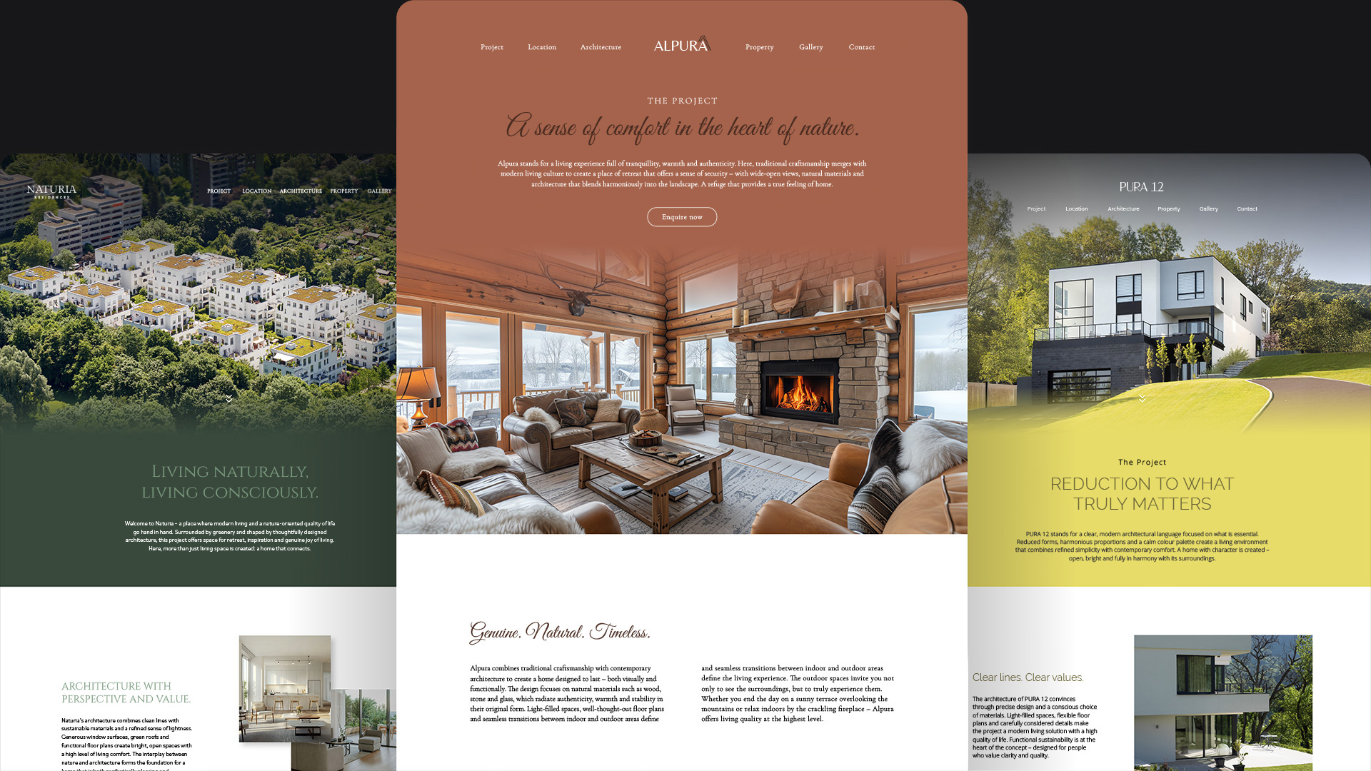 Website layout showing three real estate projects: Naturia with aerial view of buildings and greenery, Alpura with cozy log cabin interior featuring sofas and fireplace, and Pura 12 with modern house on a grassy hill.