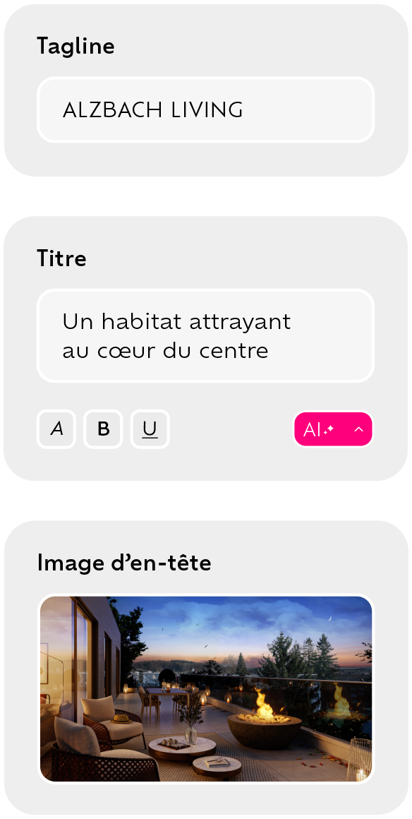 Abendterrasse mit gemütlichen Sitzmöbeln, brennendem Feuertisch und Blick auf Bäume und Sonnenuntergang.