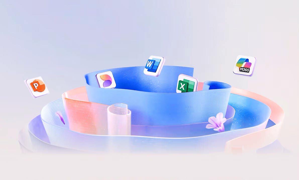 Floating icons of Microsoft 365 apps including PowerPoint, Word, Excel, and the M365 logo above colorful ribbon-like waves on a soft gradient background.