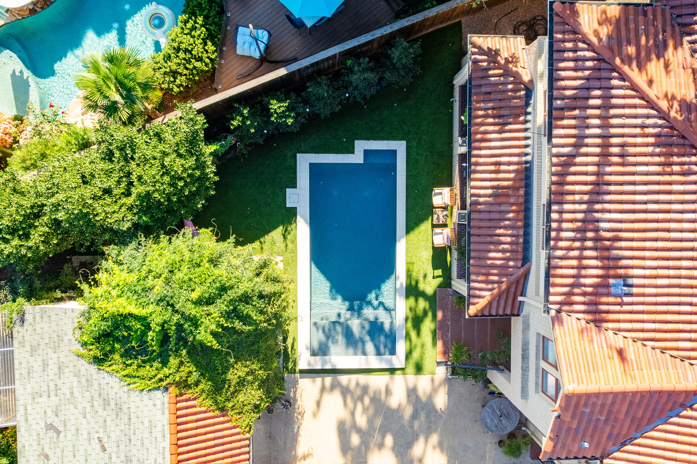 Aerial view of rectangular custom pool with tanning ledge