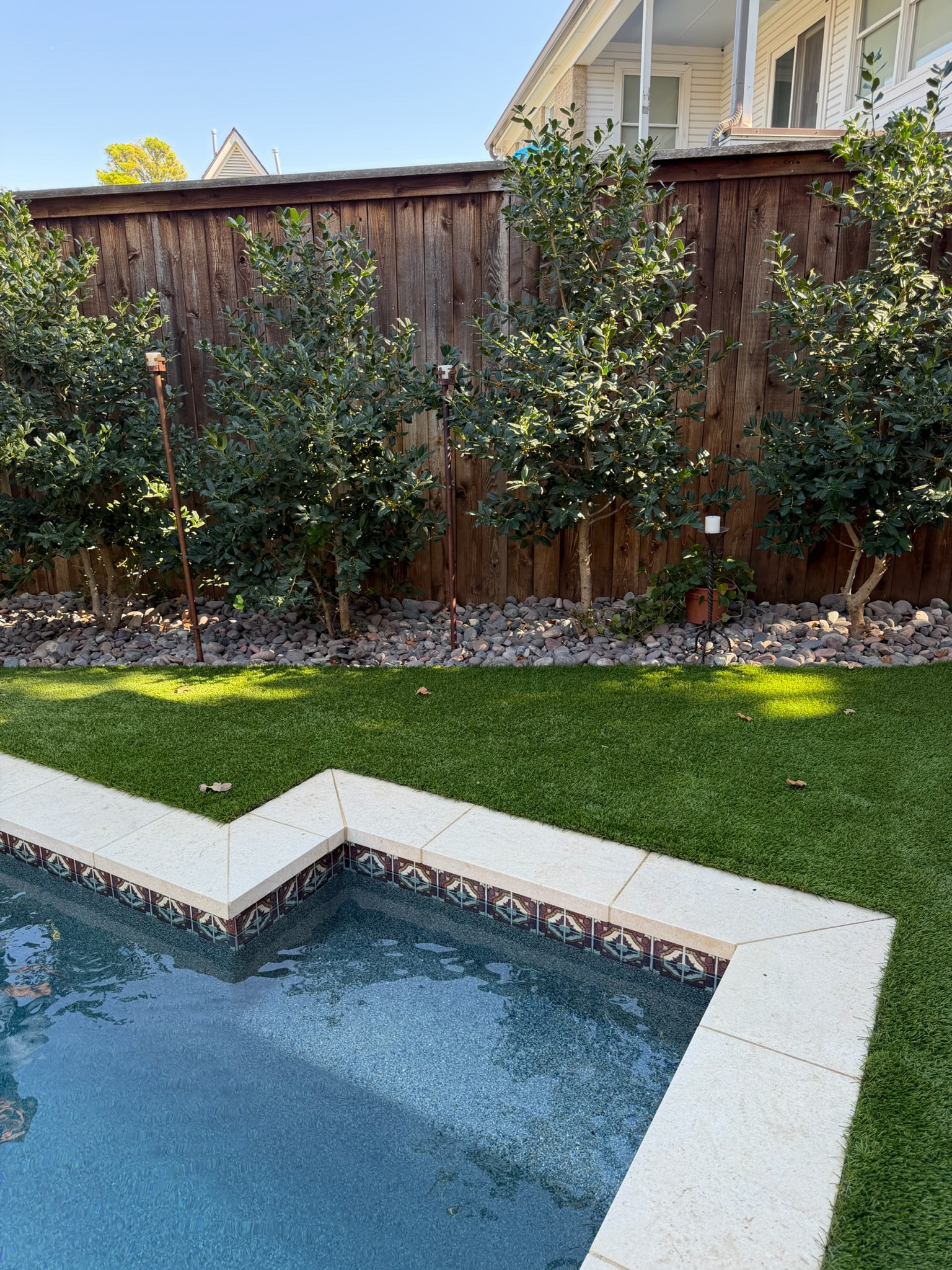 Close-up of stone coping and decorative waterline tile