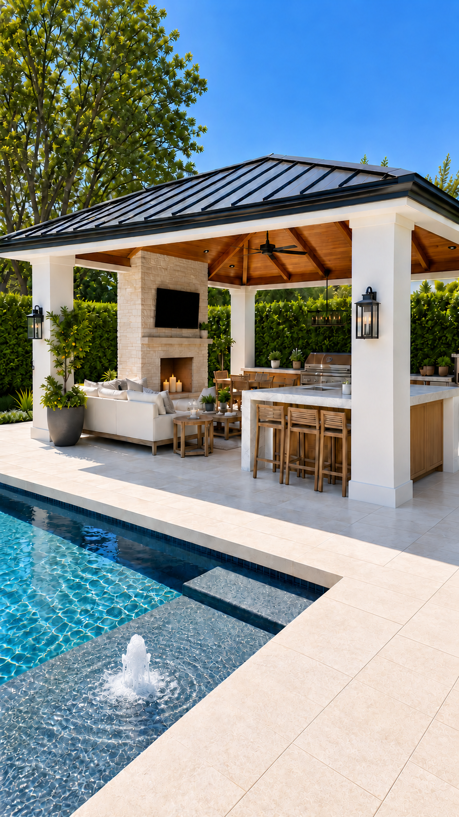Design inspiration: covered cabana with outdoor kitchen, stone fireplace, and pool