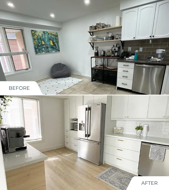 Before and after of an IKEA kitchen upgraded with Allstyle doors, panels, and trim