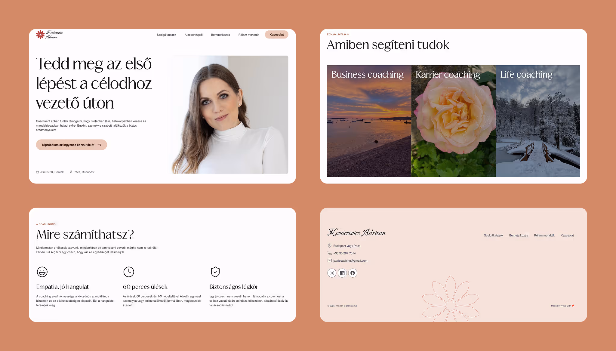 A set of images from the site: the hero section, services, what to expect and footer