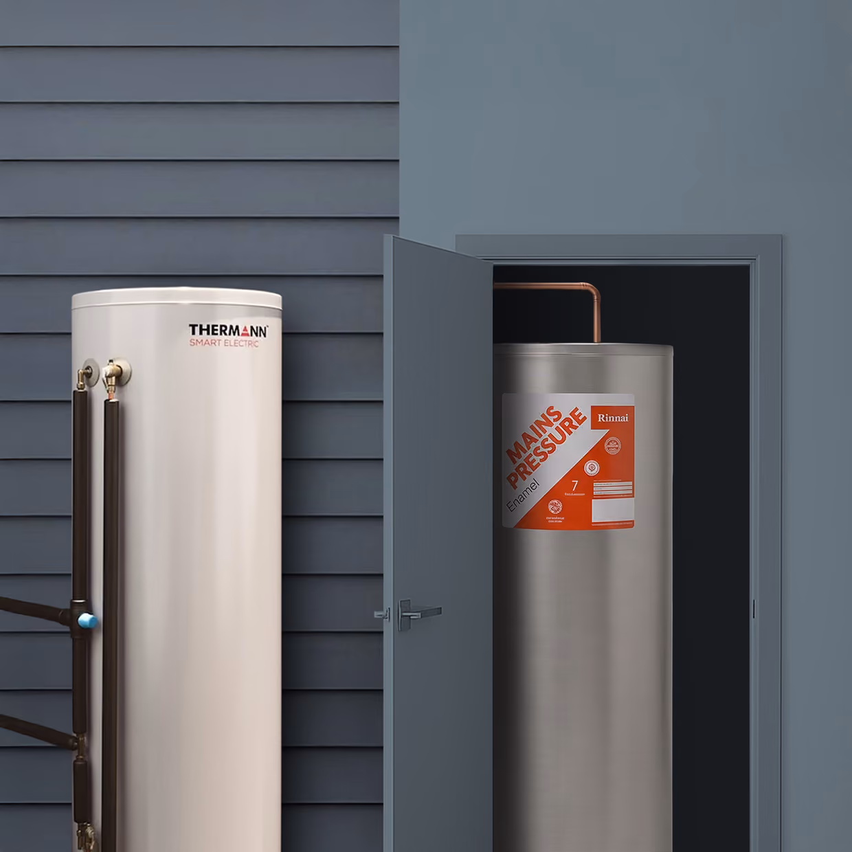 Mains Pressure Hot Water Cylinders outdoor next to house and indoor inside cupboard