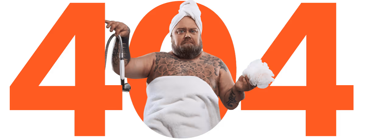 404, page not found. Orange 404 with Hot Water Shower guy holding in disgust a shower head with no hot water.