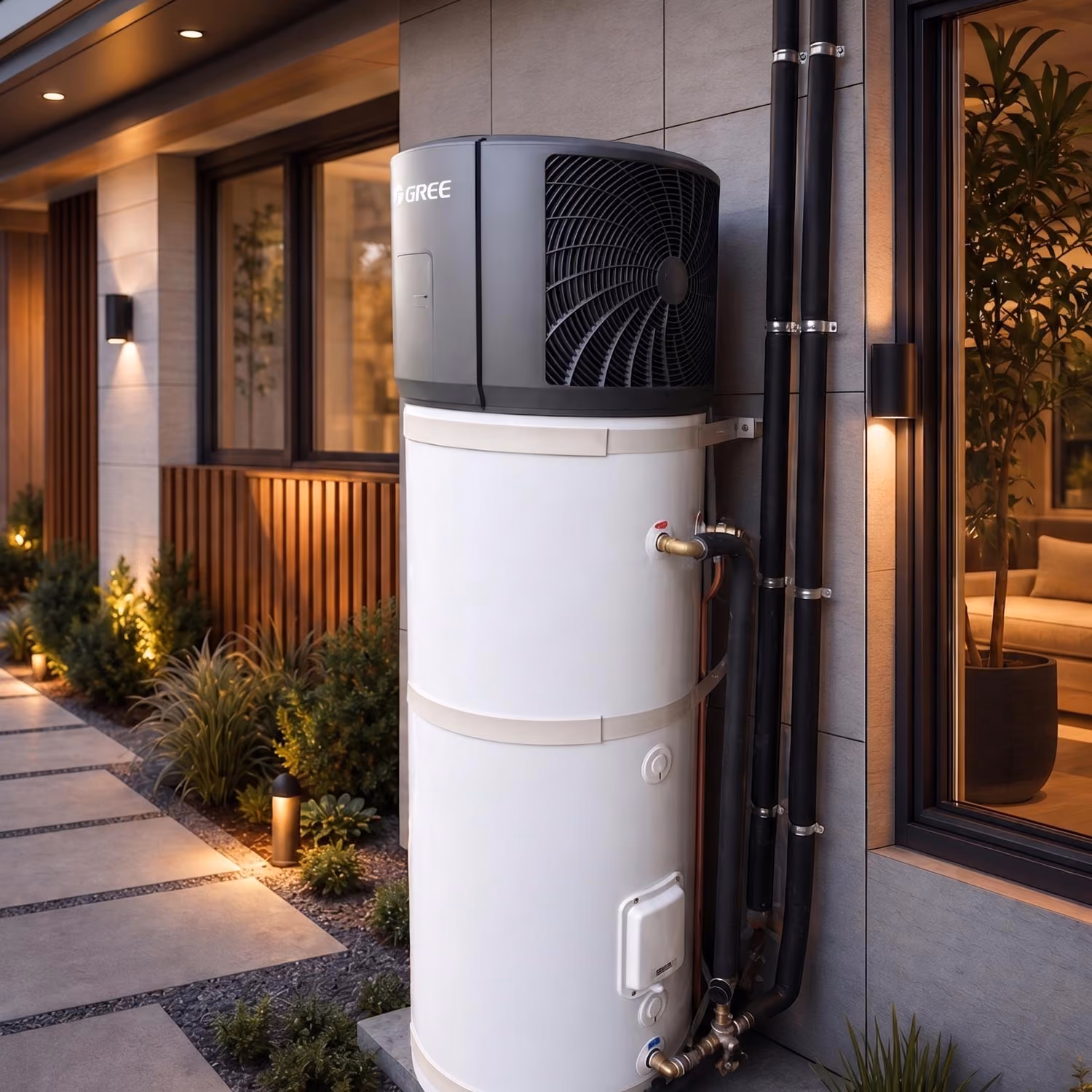 A Gree hot water heat pump unit, featuring a dark grey compressor on top of a white water tank, installed outside a modern house next to a landscaped walkway.