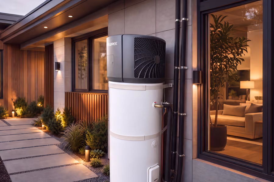 A GREE cylindrical hot water heat pump unit installed on the exterior tiled wall of a modern home at dusk.