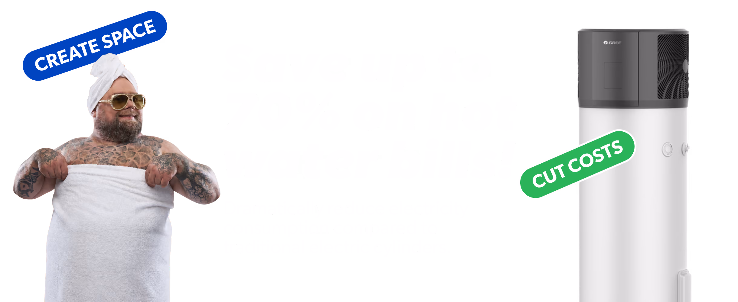 An orange promotional banner (Banner.jpg) featuring a tattooed, bearded man wearing sunglasses and towels, standing next to large white text that reads, 'Save up to 70% on hot water bills! And dramatically reduce electricity consumption compared to traditional electric cylinders.' To the right is a cylindrical GREE hot water heat pump. The banner also includes two angled callout stickers reading 'CREATE SPACE' and 'CUT COSTS'.