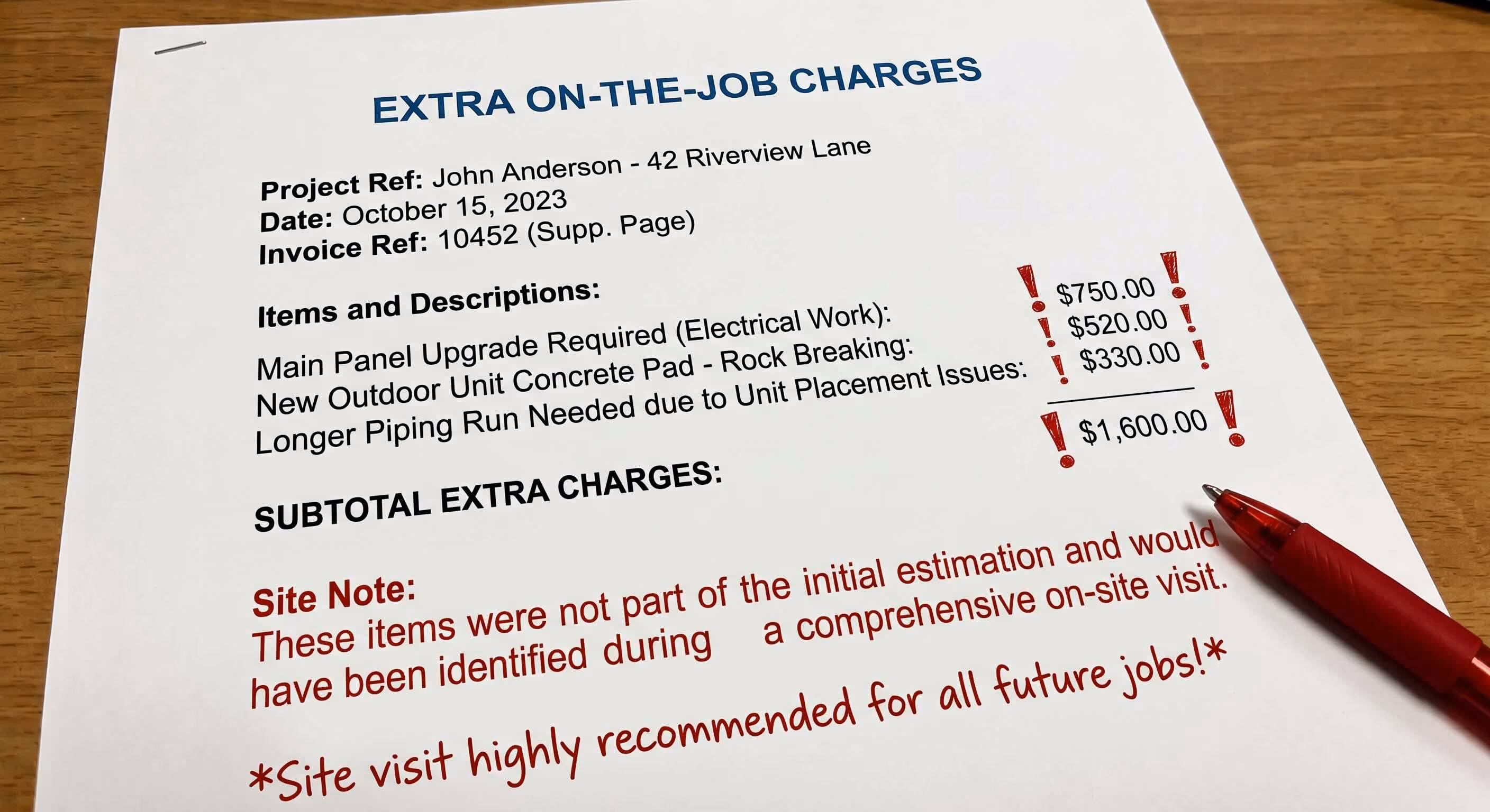 A page with additional invoice charges
