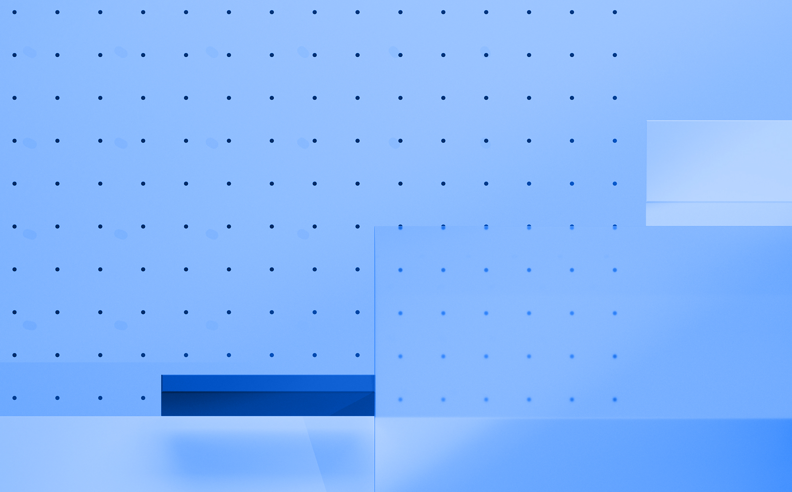 Minimal blue abstract background with dotted grid pattern and subtle rectangular overlays, used for Particle Design System - Approach section.