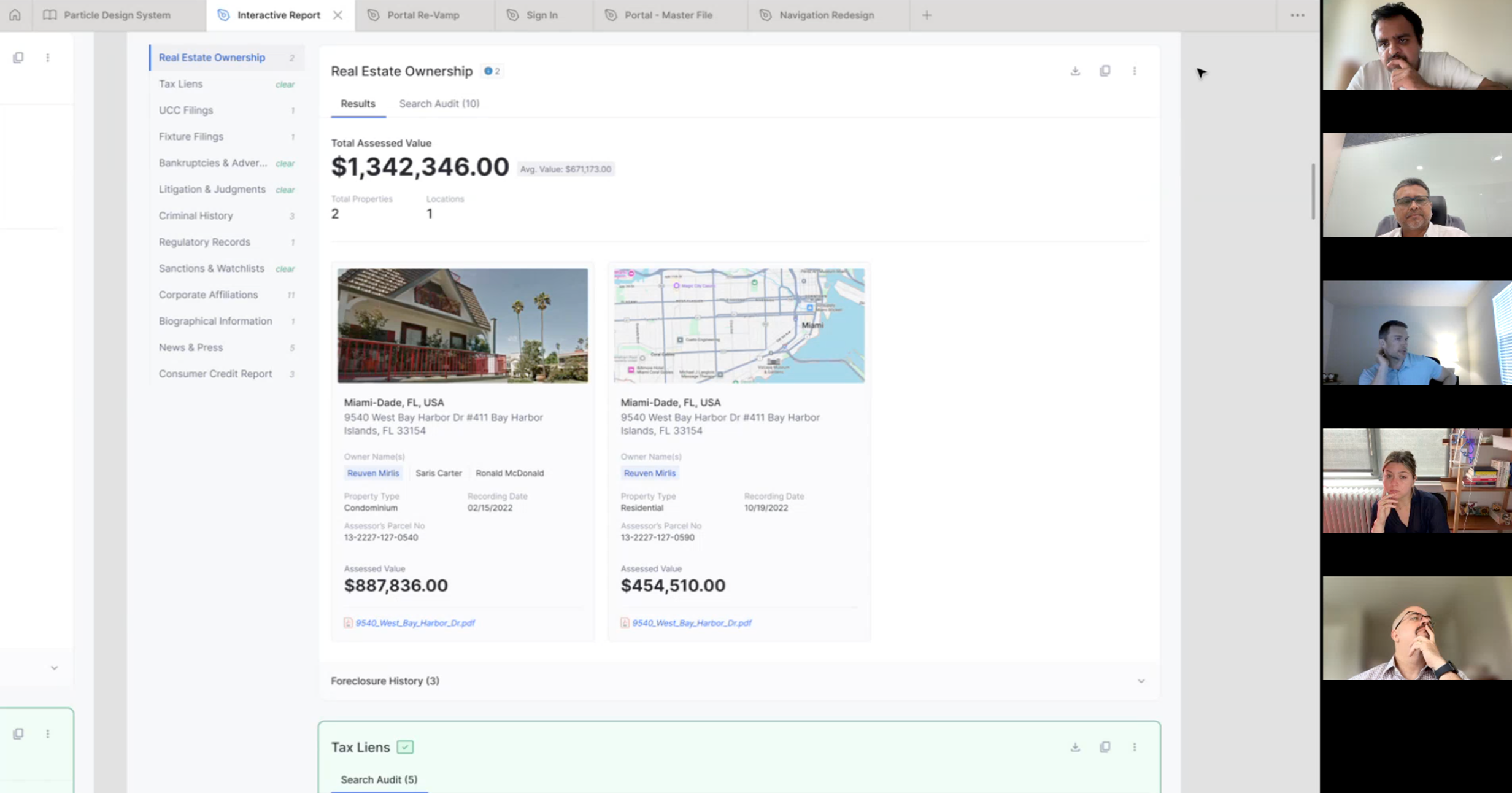 User research session showing a web-based Interactive Report with property ownership details and pricing breakdown.