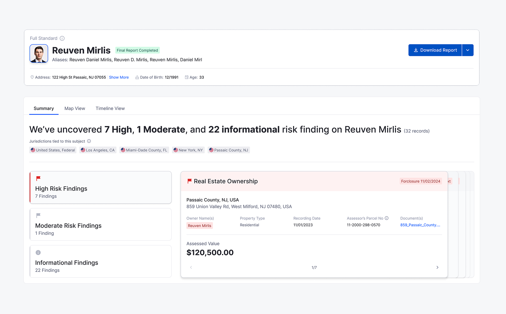 creenshot of an Interactive Report summarizing high, moderate, and informational risk findings on Reuven Mirlis, with sections highlighting real estate ownership and financial data.