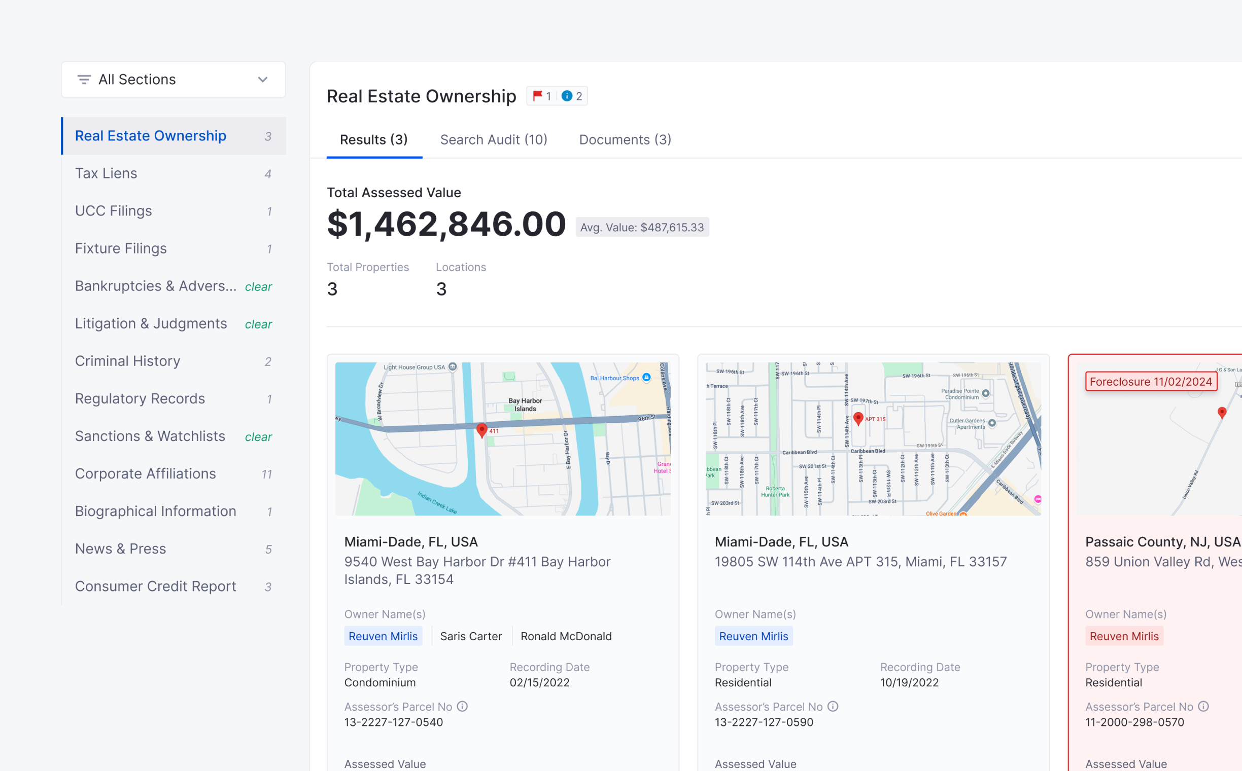 Screenshot of the Interactive Report interface showing sidebar navigation, real estate ownership filters, and map-based property results.