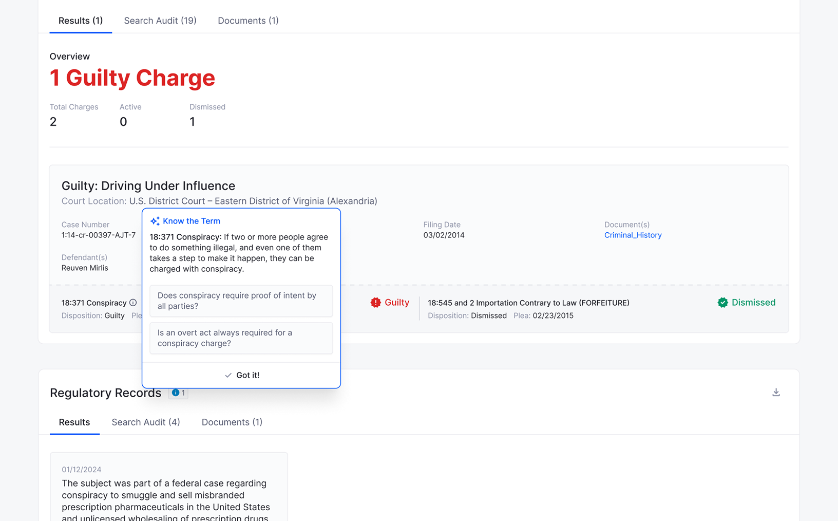Interactive Report section showing a ‘Guilty Charge’ with plain-language tooltips explaining legal terminology and case details.