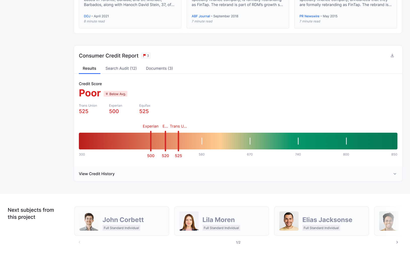 Interactive Report section showing a consumer credit score visualization labeled ‘Poor’ with a follow-up flow displaying next subjects in the project.