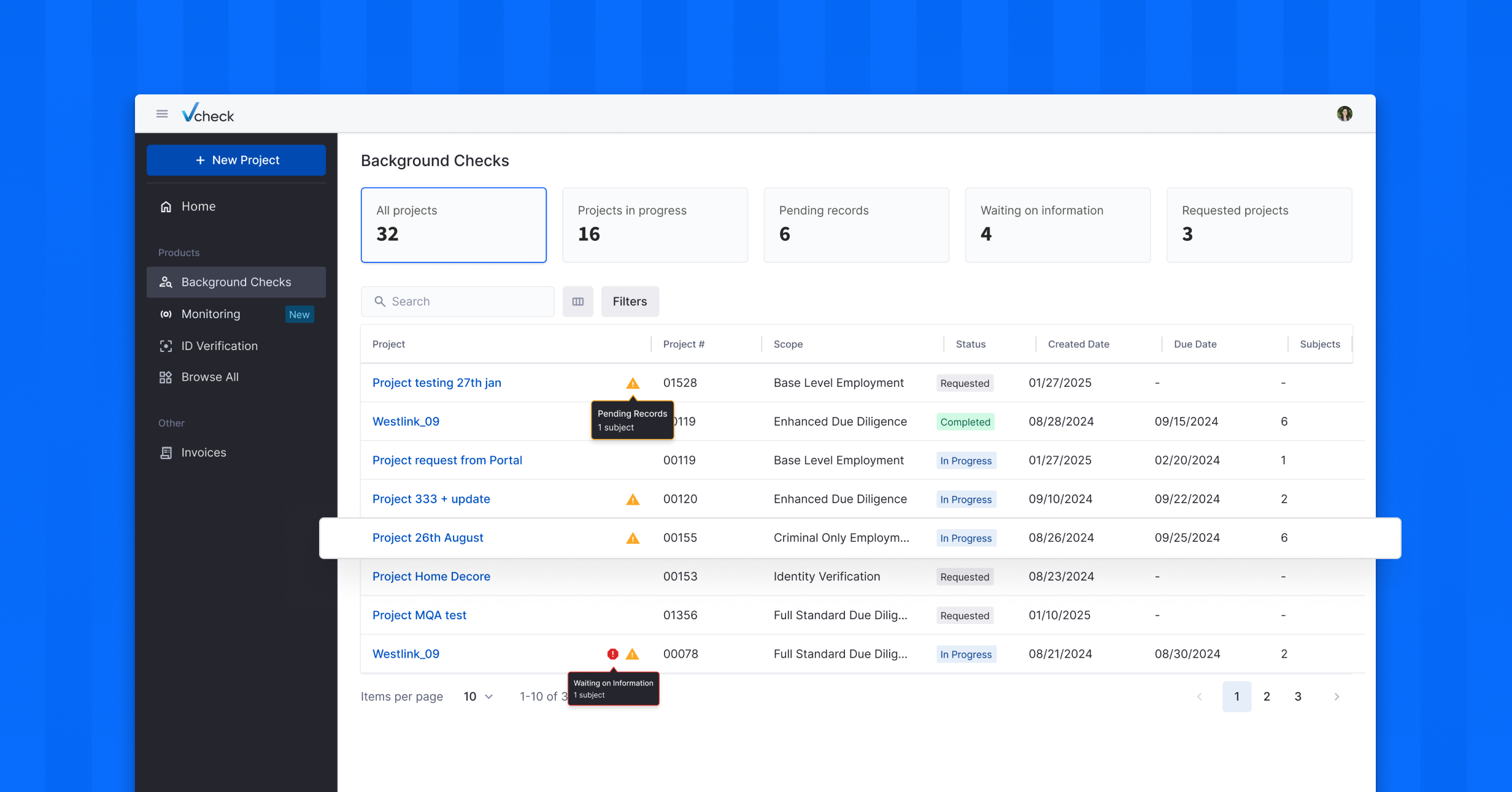 Dashboard view of the redesigned Vcheck portal showing background check projects, status indicators, and improved navigation layout.