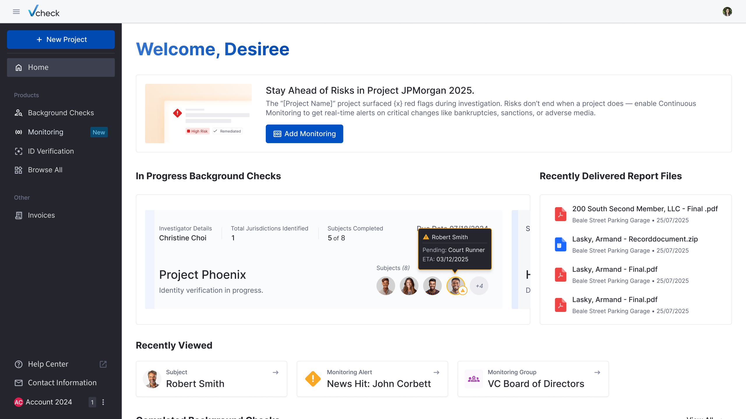 Redesigned Vcheck portal dashboard featuring a personalized welcome, in-progress background checks, recently delivered reports, and improved project visibility.
