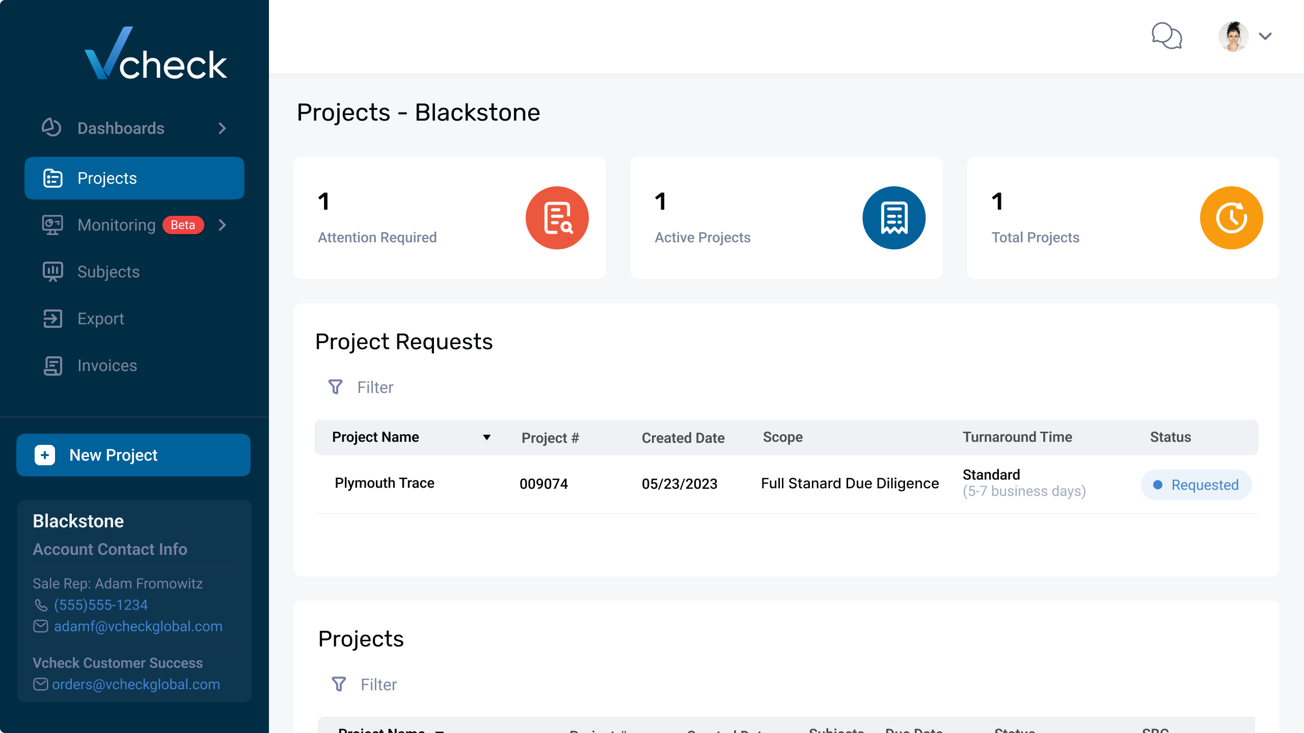 Old Vcheck portal project listing page showing project requests, active projects, and status details in a tabular layout.