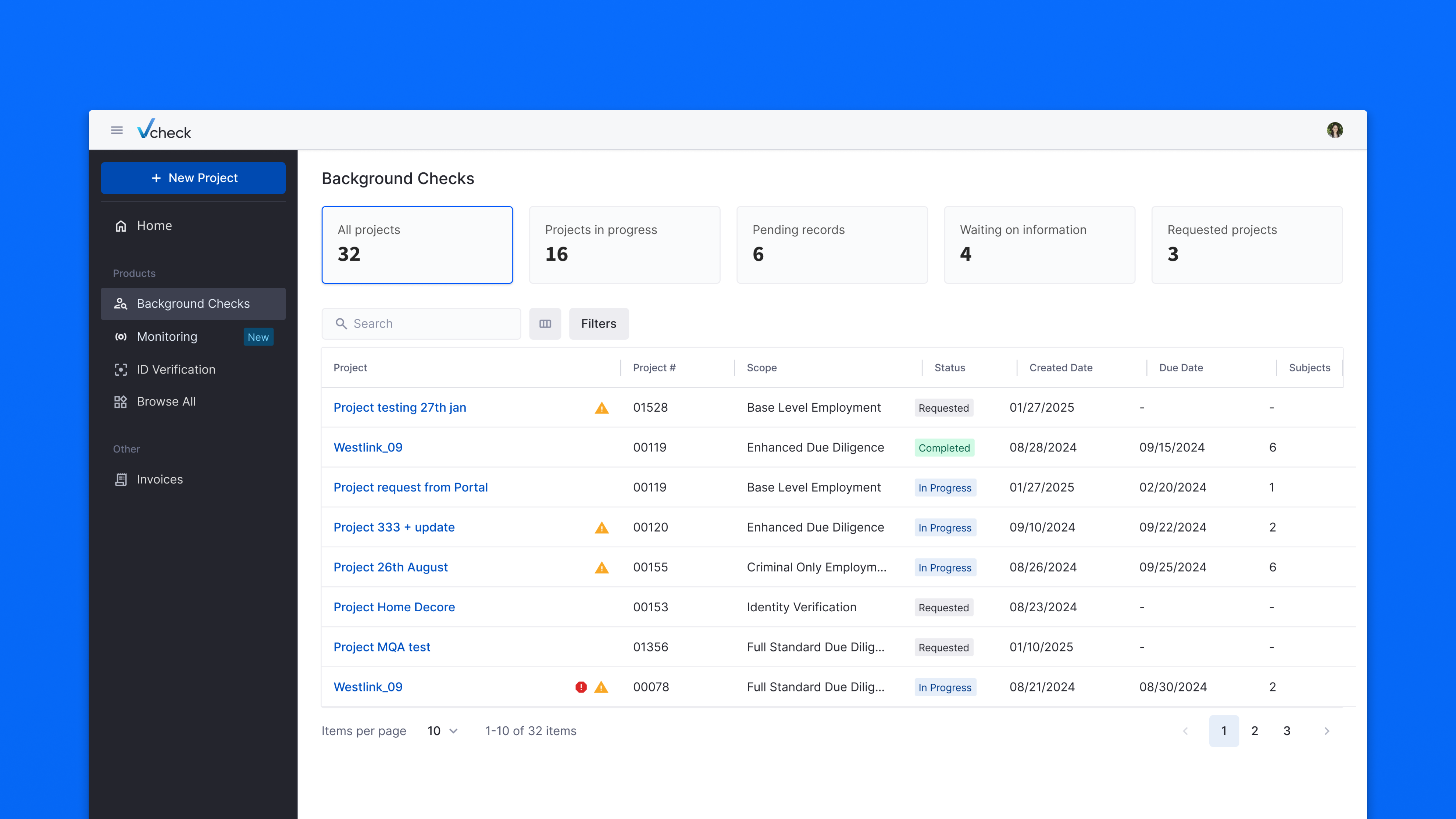 Redesigned Vcheck portal project listing interface used in a video demo, showing background check projects with filters and status indicators.